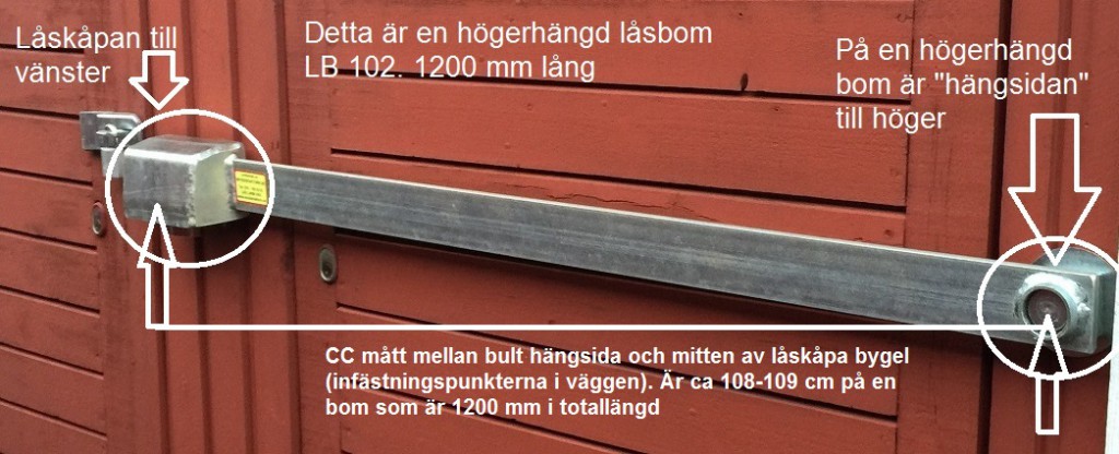 Låsbom 102 monterad beskrivning högerhängd bom NY även med CC mått inritat