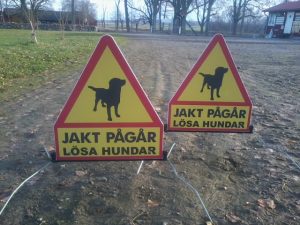 Flyttbara skyltar med hundsymbol och Jakt pågår Lösa hundar NY NY